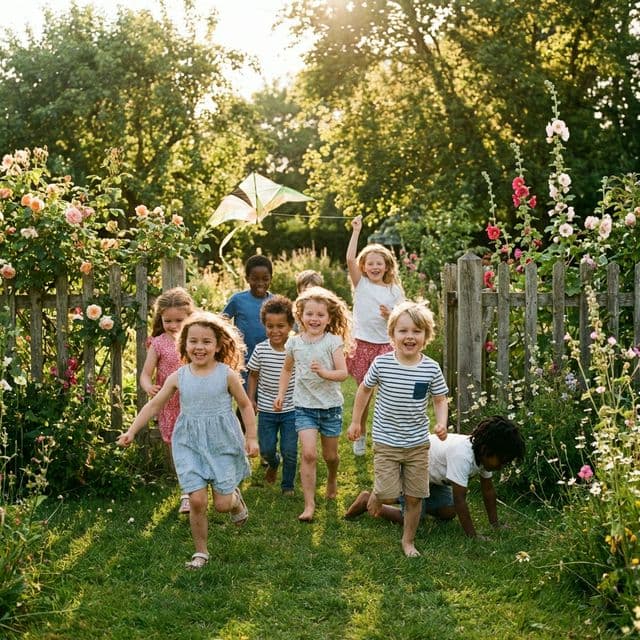 Children playing happily in a garden