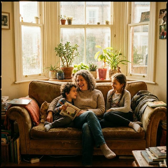 A foster carer reading with children on a sofa